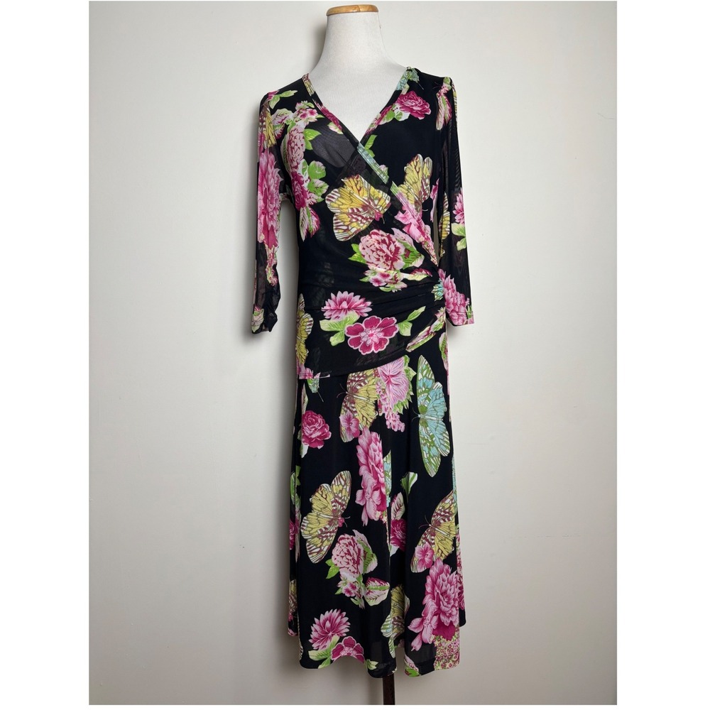 Karen Kane Fairy Floral Butterfly Faux Wrap Dress M Sheer Mesh Dark Romantic